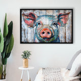Pig Look Straight Painted On Wood, Framed Canvas Print Wall Art Decor,Floating Frame