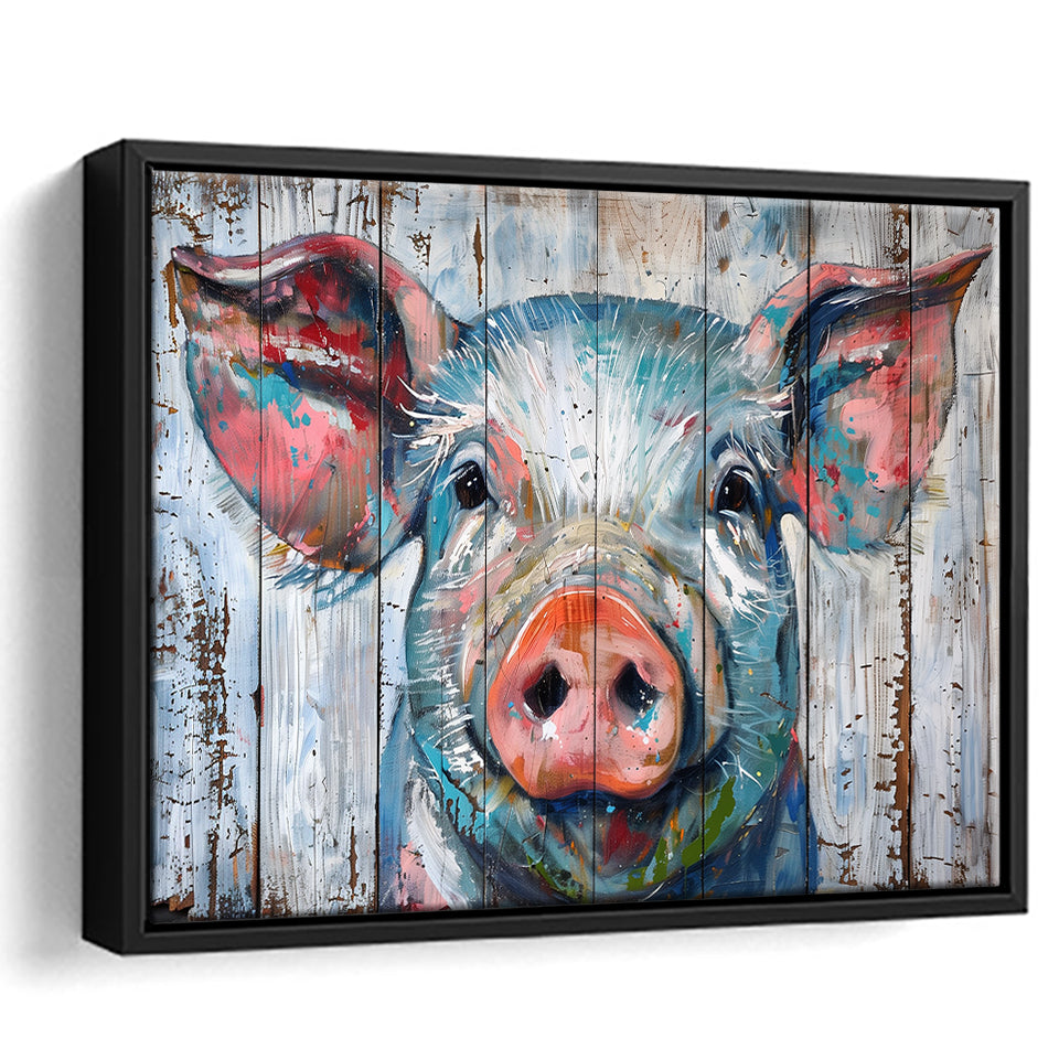 Pig Look Straight Painted On Wood, Framed Canvas Print Wall Art Decor,Floating Frame