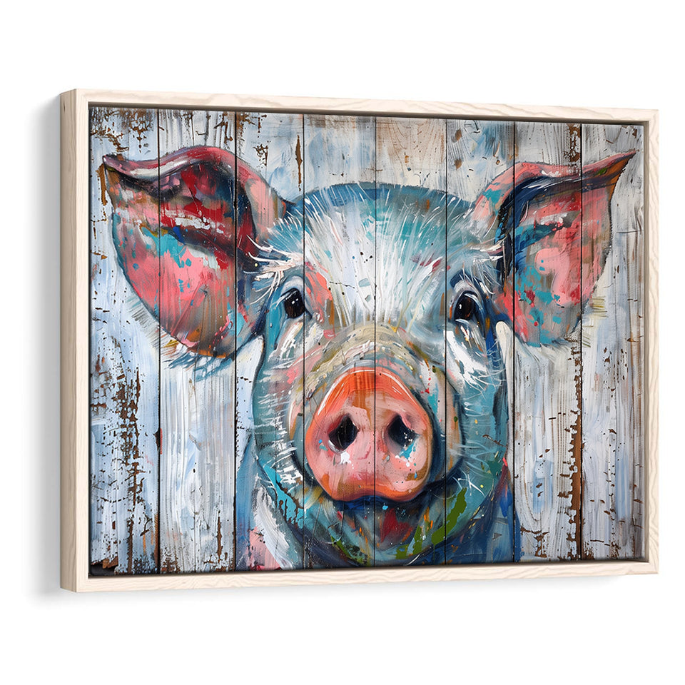 Pig Look Straight Painted On Wood, Framed Canvas Print Wall Art Decor,Floating Frame