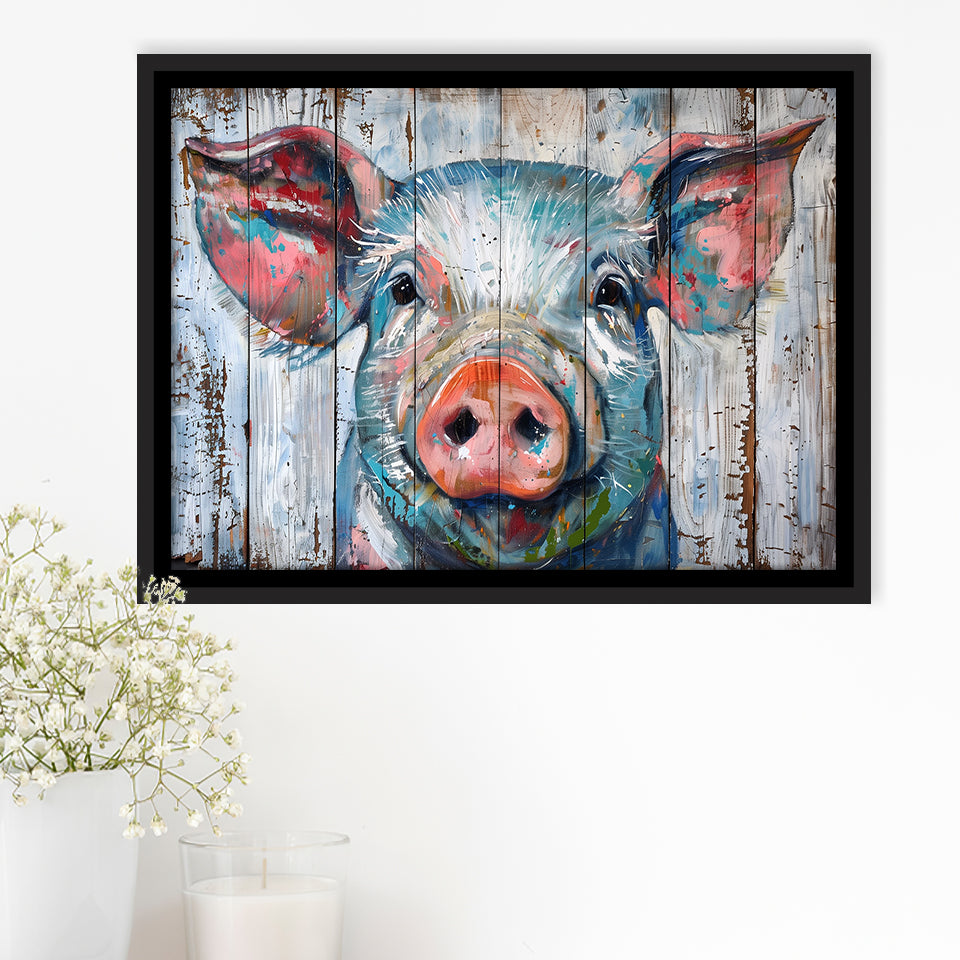 Pig Look Straight Painted On Wood, Framed Canvas Print Wall Art Decor,Floating Frame