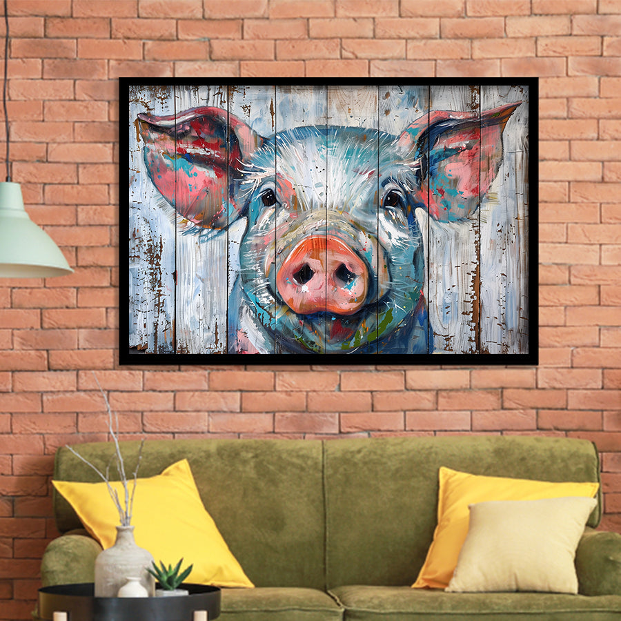 Pig Look Straight Painted On Wood, Framed Art Print Wall Decor, Framed Picture