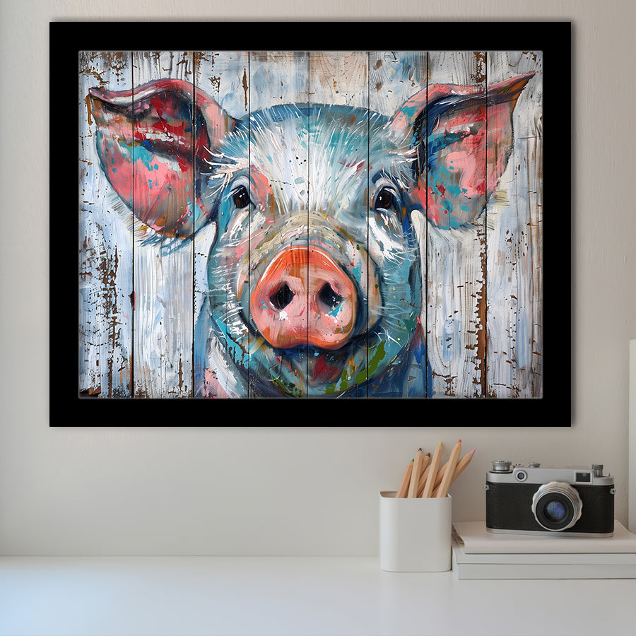 Pig Look Straight Painted On Wood, Framed Art Print Wall Decor, Framed Picture