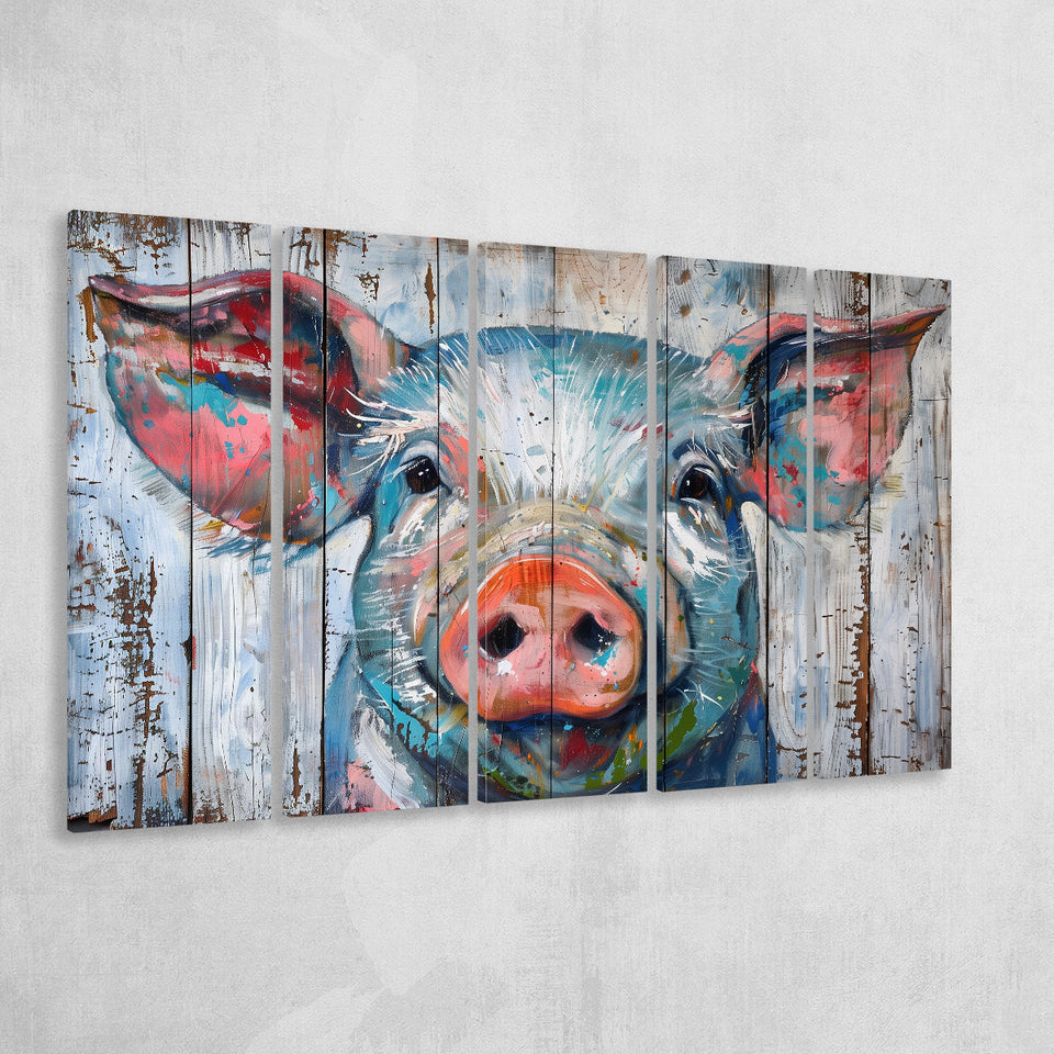 Pig Look Straight Painted On Wood, Extra Large Multi 5 Panel Canvas Print Wall Art Decor