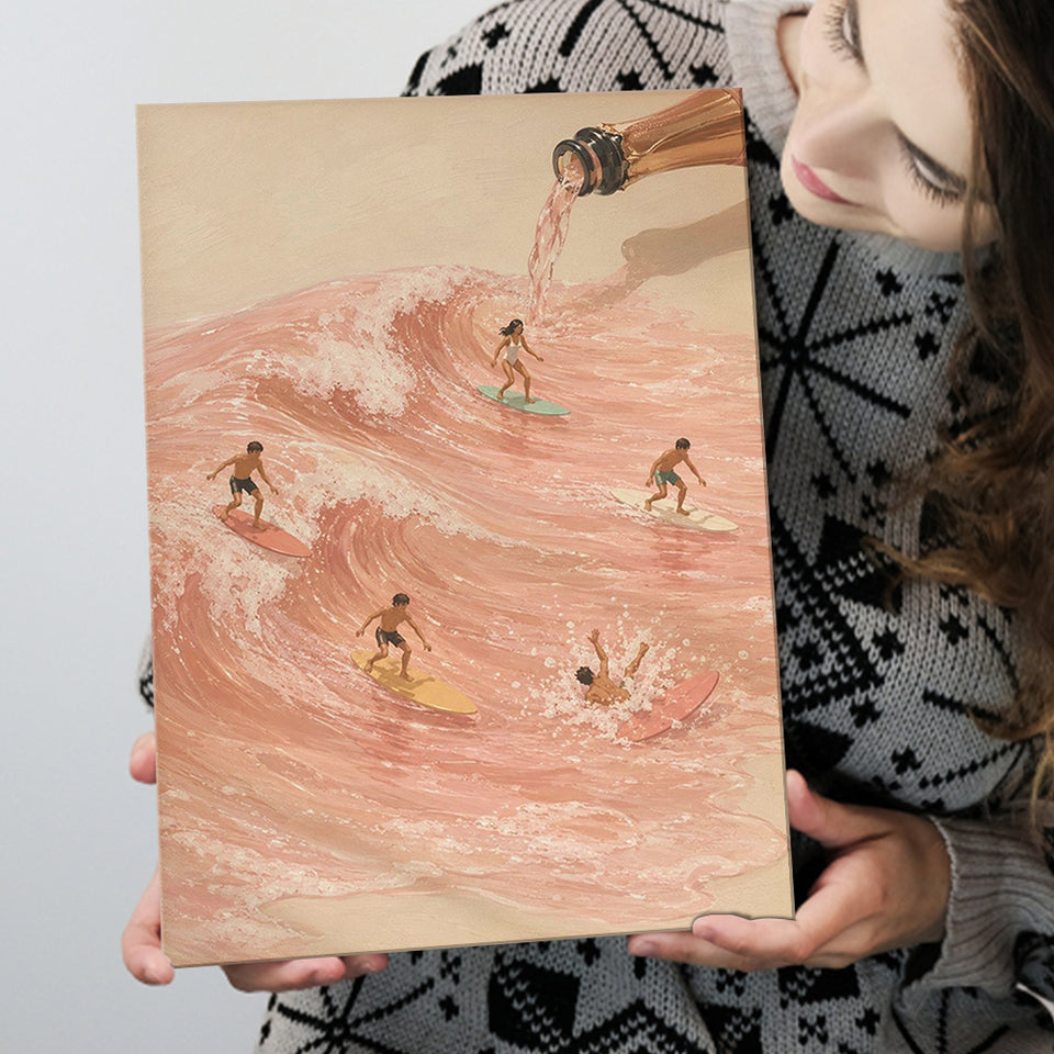 Pink Champagne Surf, Beach House Wall Art, Coastal Summer Print, Rose Wave Decor, Canvas Print Wall Art, Wall Decor