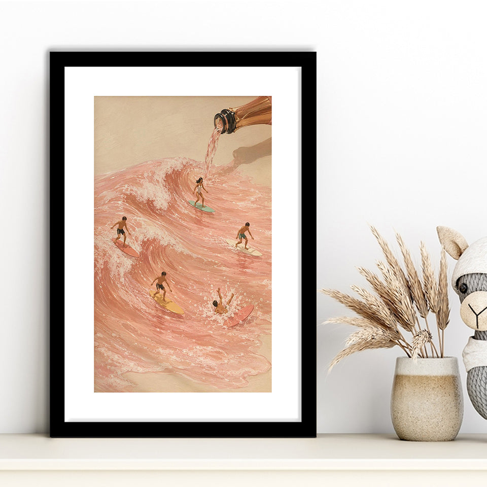 Pink Champagne Surf, Beach House Wall Art, Coastal Summer Print, Rose Wave Decor, Framed Art Print White Border