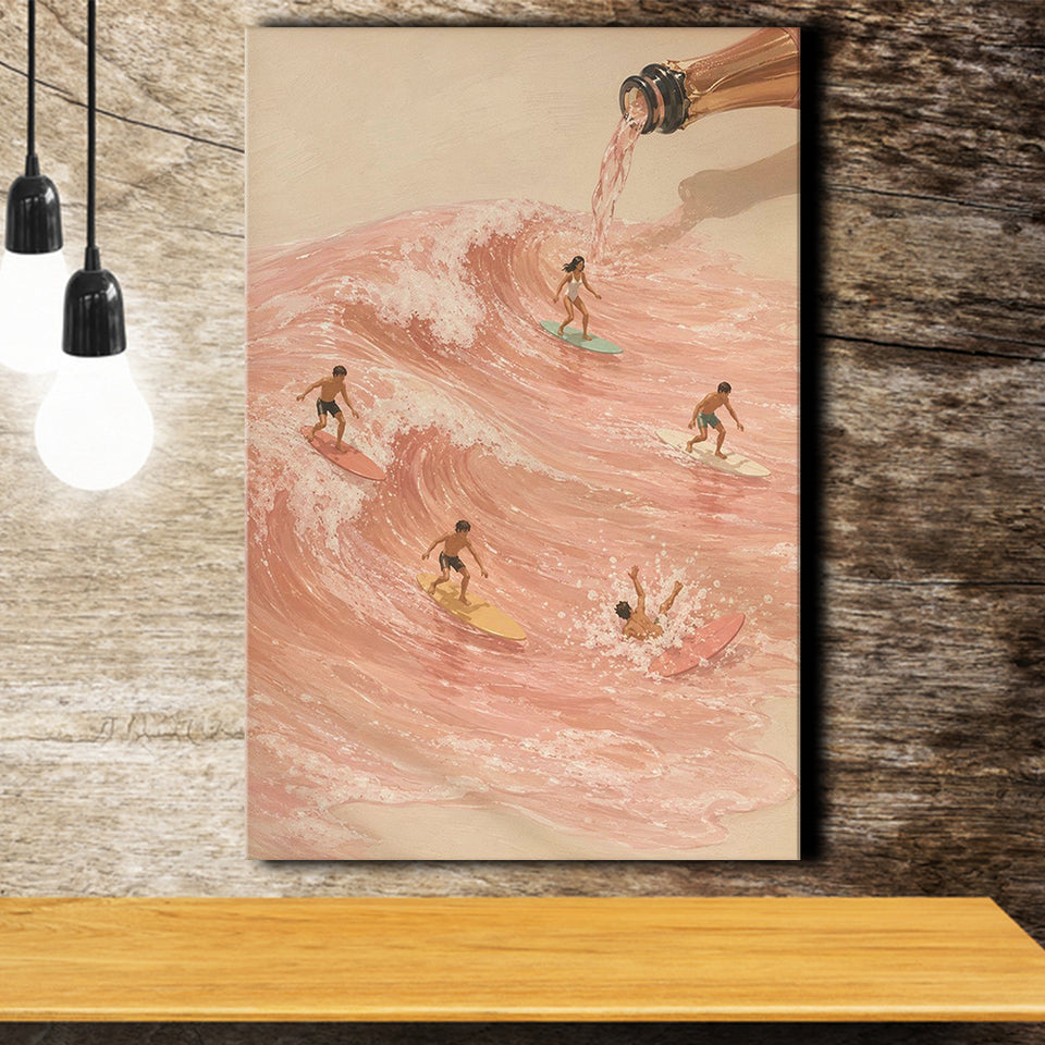 Pink Champagne Surf, Beach House Wall Art, Coastal Summer Print, Rose Wave Decor, Canvas Print Wall Art, Wall Decor