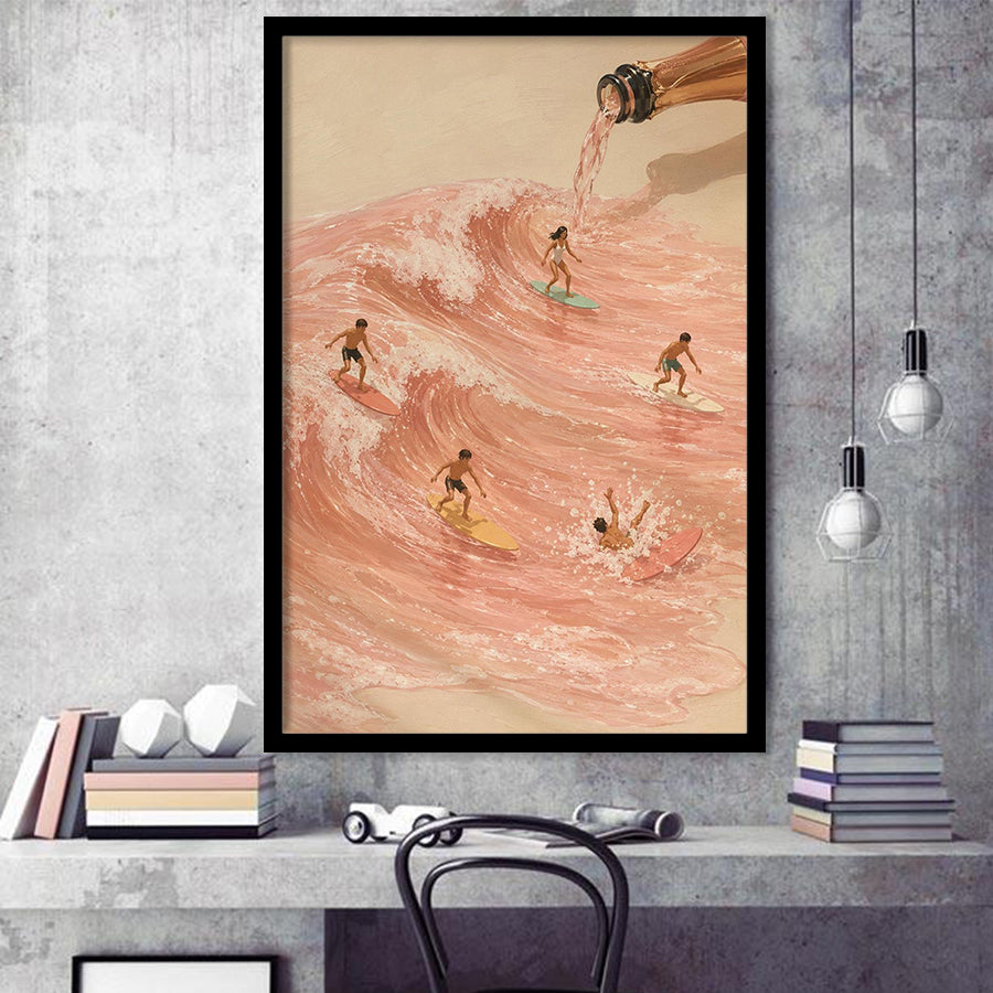 Pink Champagne Surf, Beach House Wall Art, Coastal Summer Print, Rose Wave Decor, Framed Art Print, Fine Art Wall Decor