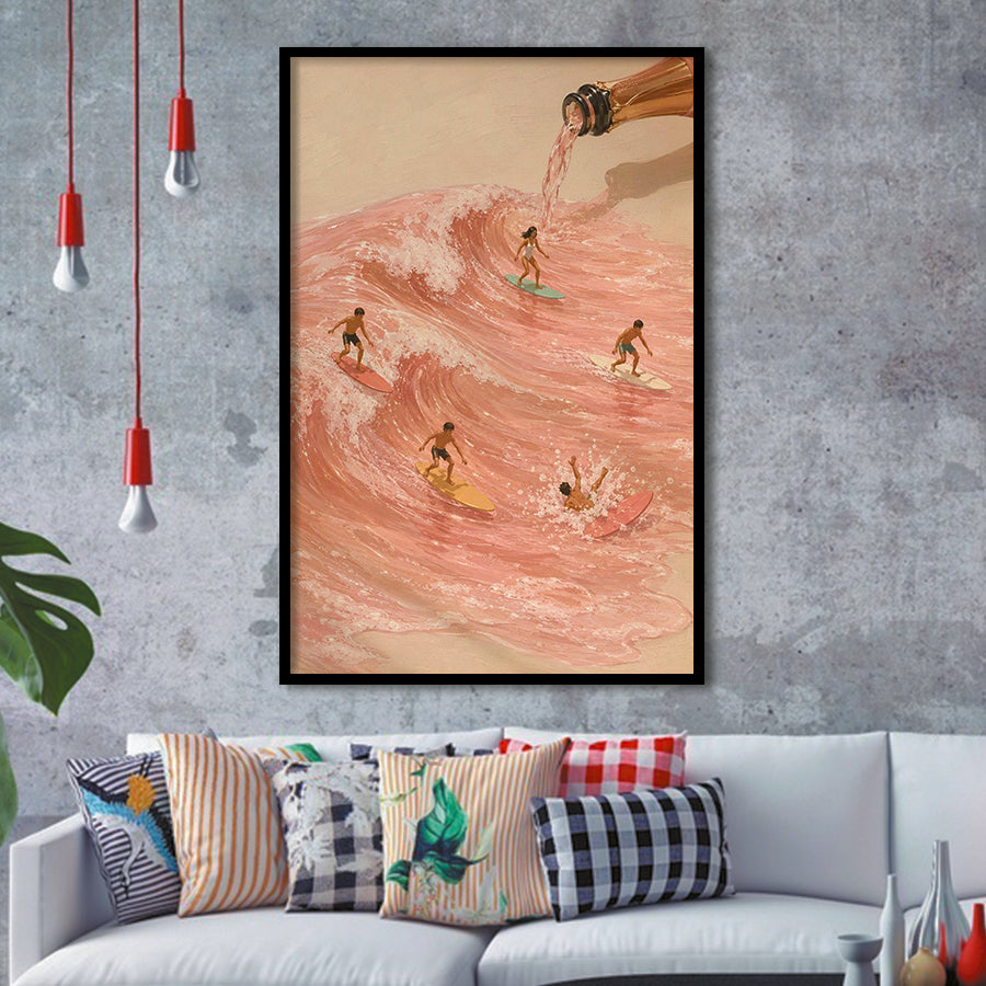 Pink Champagne Surf, Beach House Wall Art, Coastal Summer Print, Rose Wave Decor, Framed Art Print, Fine Art Wall Decor
