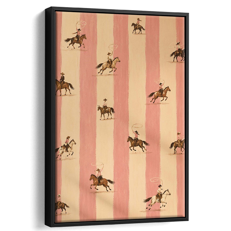 Pink Cowgirl Riders, Western Nursery Wall Art, Striped Ranch, Coastal Cowgirl Decor, Framed Canvas Print, Floating Frame