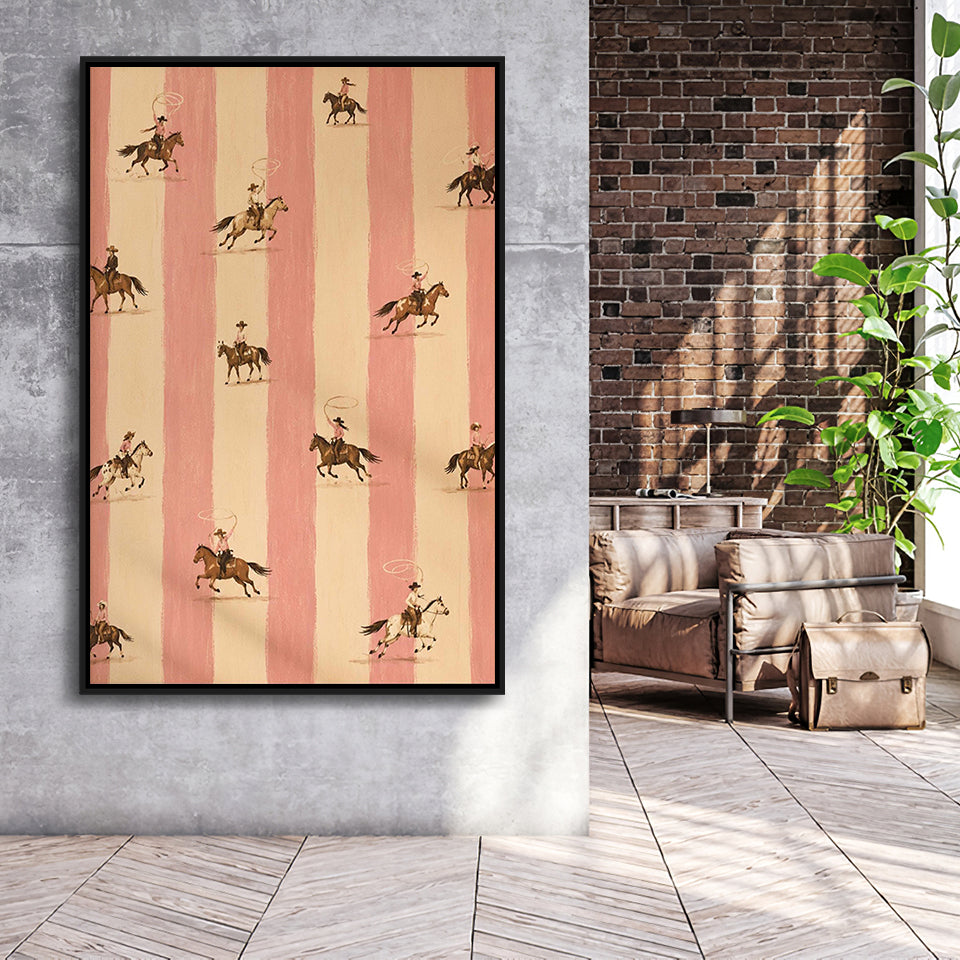 Pink Cowgirl Riders, Western Nursery Wall Art, Striped Ranch, Coastal Cowgirl Decor, Framed Canvas Print, Floating Frame