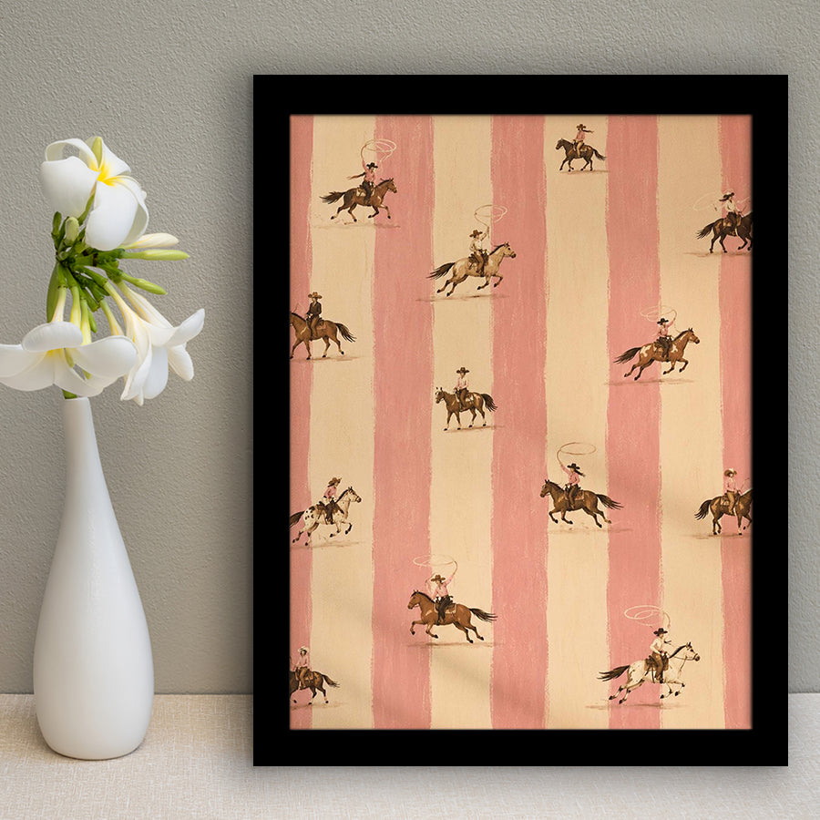 Pink Cowgirl Riders, Western Nursery Wall Art, Striped Ranch Print, Coastal Cowgirl Decor, Framed Art Print, Fine Art Wall Decor