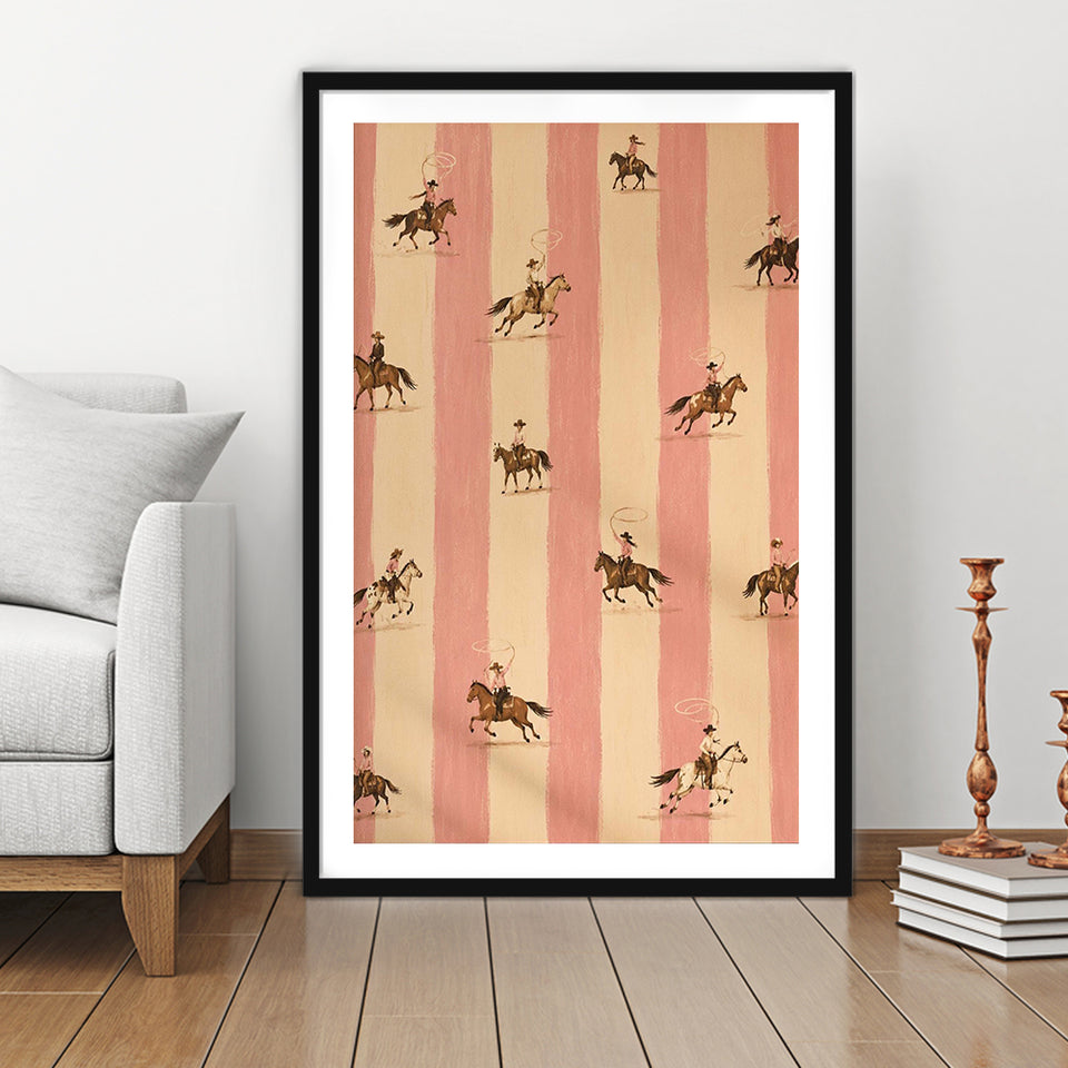 Pink Cowgirl Riders, Western Nursery Wall Art, Striped Ranch Print, Coastal Cowgirl Decor, Framed Art Print White Border