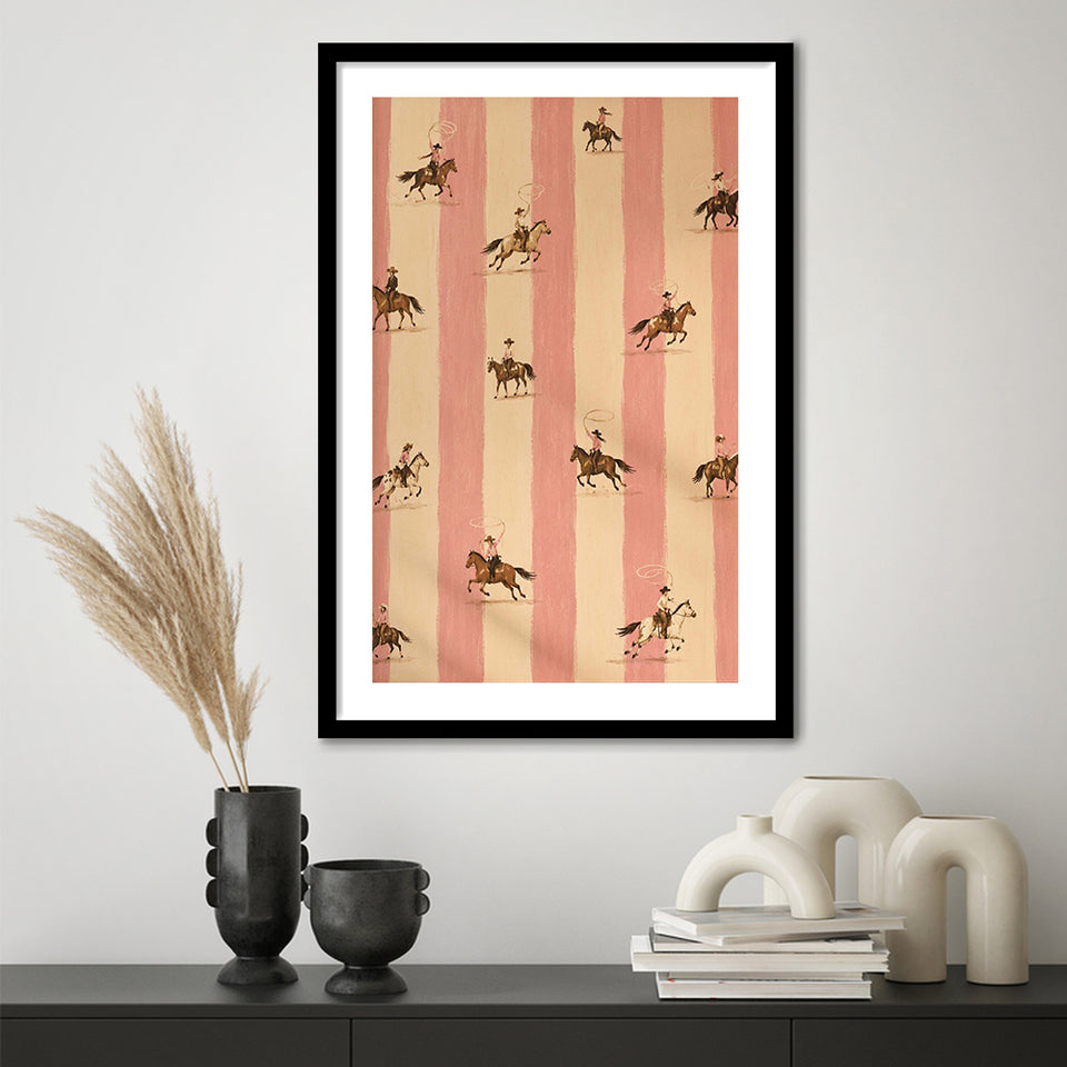 Pink Cowgirl Riders, Western Nursery Wall Art, Striped Ranch Print, Coastal Cowgirl Decor, Framed Art Print White Border