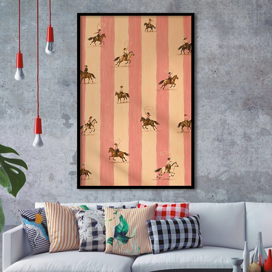 Pink Cowgirl Riders, Western Nursery Wall Art, Striped Ranch Print, Coastal Cowgirl Decor, Framed Art Print, Fine Art Wall Decor