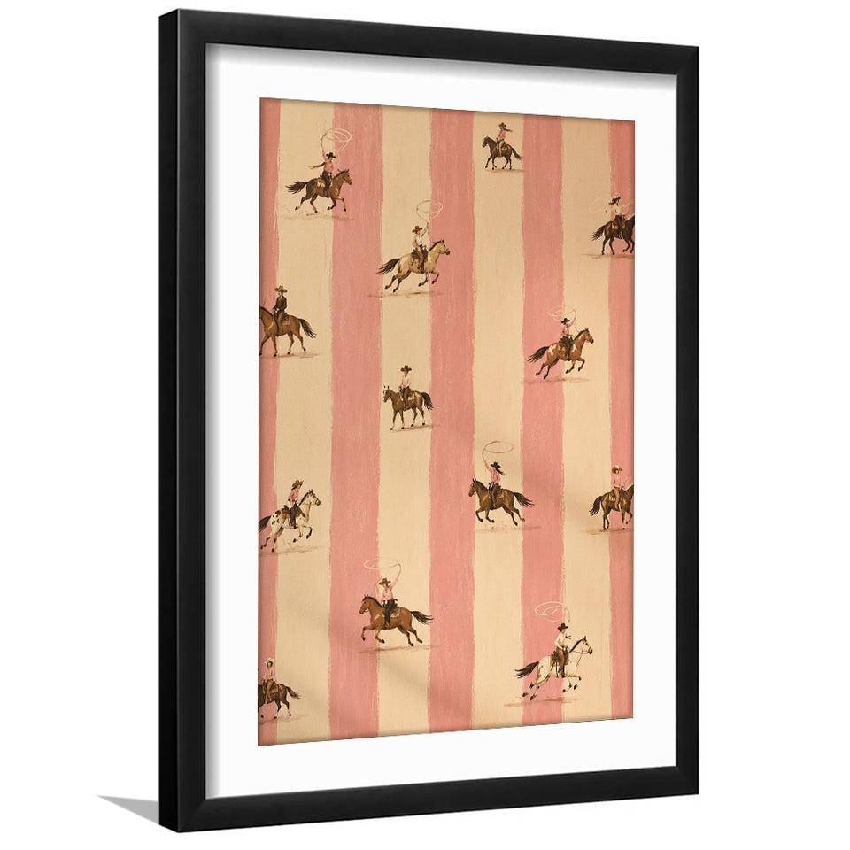 Pink Cowgirl Riders, Western Nursery Wall Art, Striped Ranch Print, Coastal Cowgirl Decor, Framed Art Print White Border