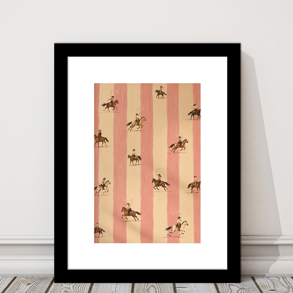 Pink Cowgirl Riders, Western Nursery Wall Art, Striped Ranch Print, Coastal Cowgirl Decor, Framed Art Print White Border