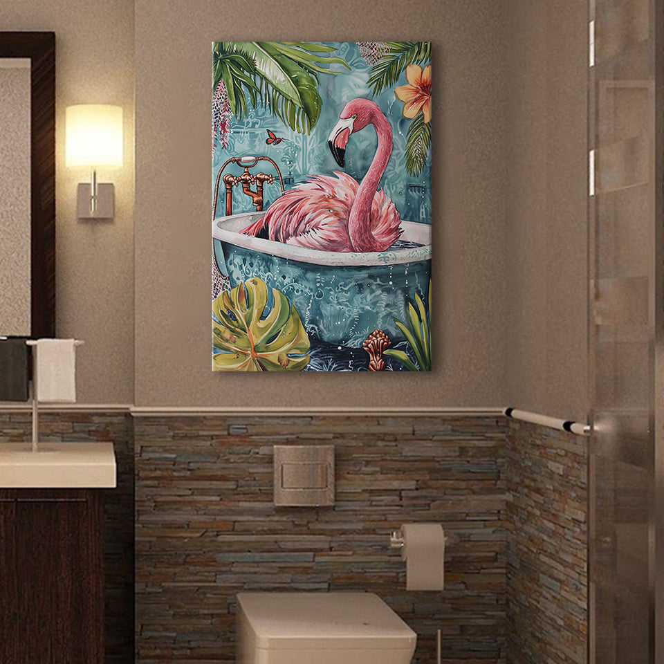 Pink Flamingo In Bathtub Boho Bathroom Decor Print Pink Flaming Canvas Prints Wall Art, Bathroom Art Decor,