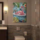 Pink Flamingo In Bathtub Boho Bathroom Decor Print Pink Flaming Canvas Prints Wall Art, Bathroom Art Decor,