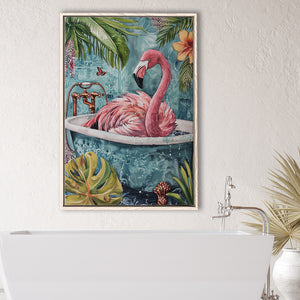 Pink Flamingo In Bathtub Boho Bathroom Decor Print Framed Canvas Prints Wall Art, Bathroom Framed Art Decor