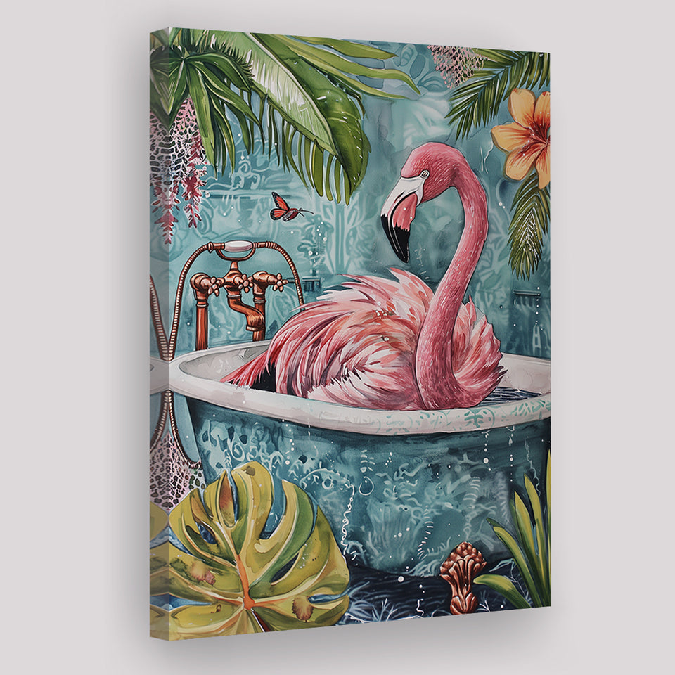 Pink Flamingo In Bathtub Boho Bathroom Decor Print Pink Flaming Canvas Prints Wall Art, Bathroom Art Decor,