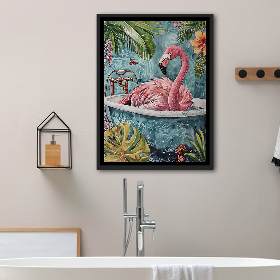 Pink Flamingo In Bathtub Boho Bathroom Decor Print Framed Canvas Prints Wall Art, Bathroom Framed Art Decor
