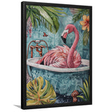 Pink Flamingo In Bathtub Boho Bathroom Decor Print Framed Art Print Wall Decor, Bathroom Framed Art Decor