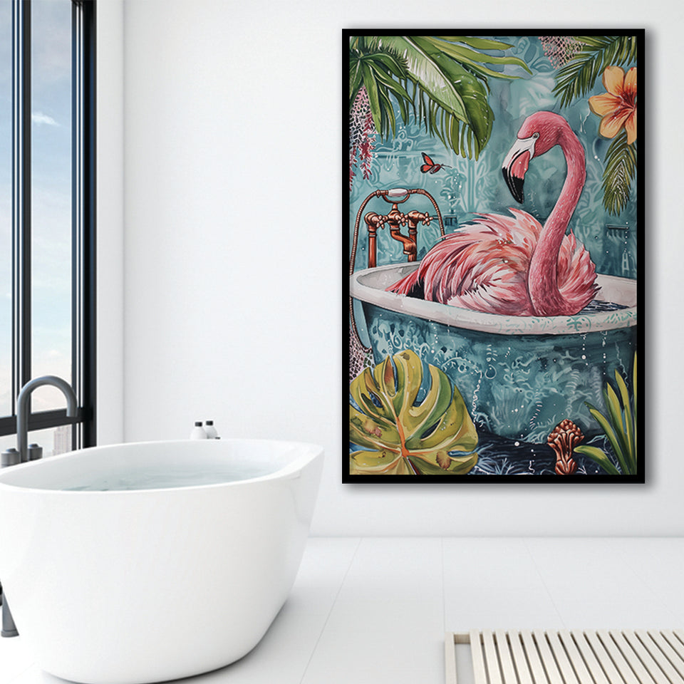 Pink Flamingo In Bathtub Boho Bathroom Decor Print Framed Art Print Wall Decor, Bathroom Framed Art Decor