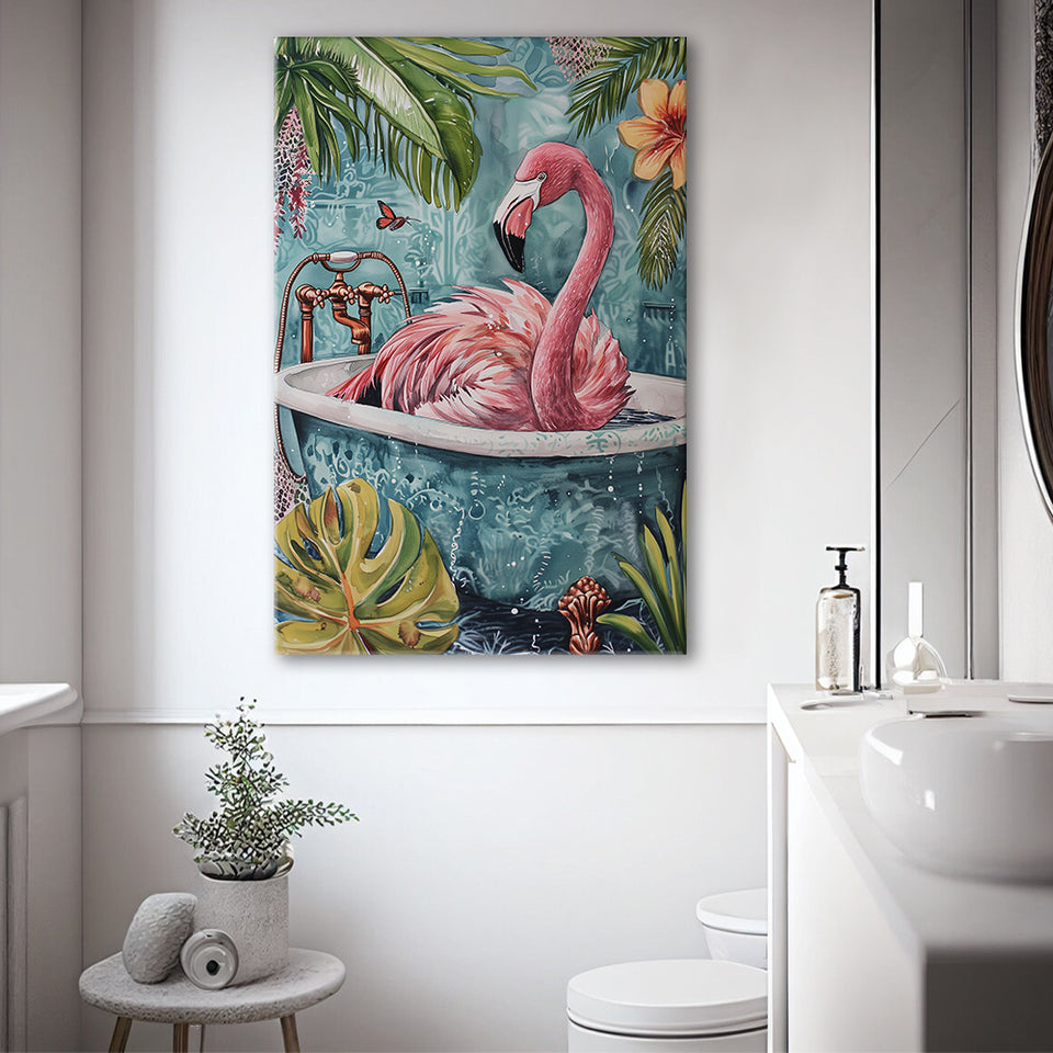 Pink Flamingo In Bathtub Boho Bathroom Decor Print Pink Flaming Canvas Prints Wall Art, Bathroom Art Decor,