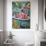 Pink Flamingo In Bathtub Boho Bathroom Decor Print Pink Flaming Canvas Prints Wall Art, Bathroom Art Decor,