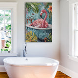 Pink Flamingo In Bathtub Boho Bathroom Decor Print Pink Flaming Canvas Prints Wall Art, Bathroom Art Decor,
