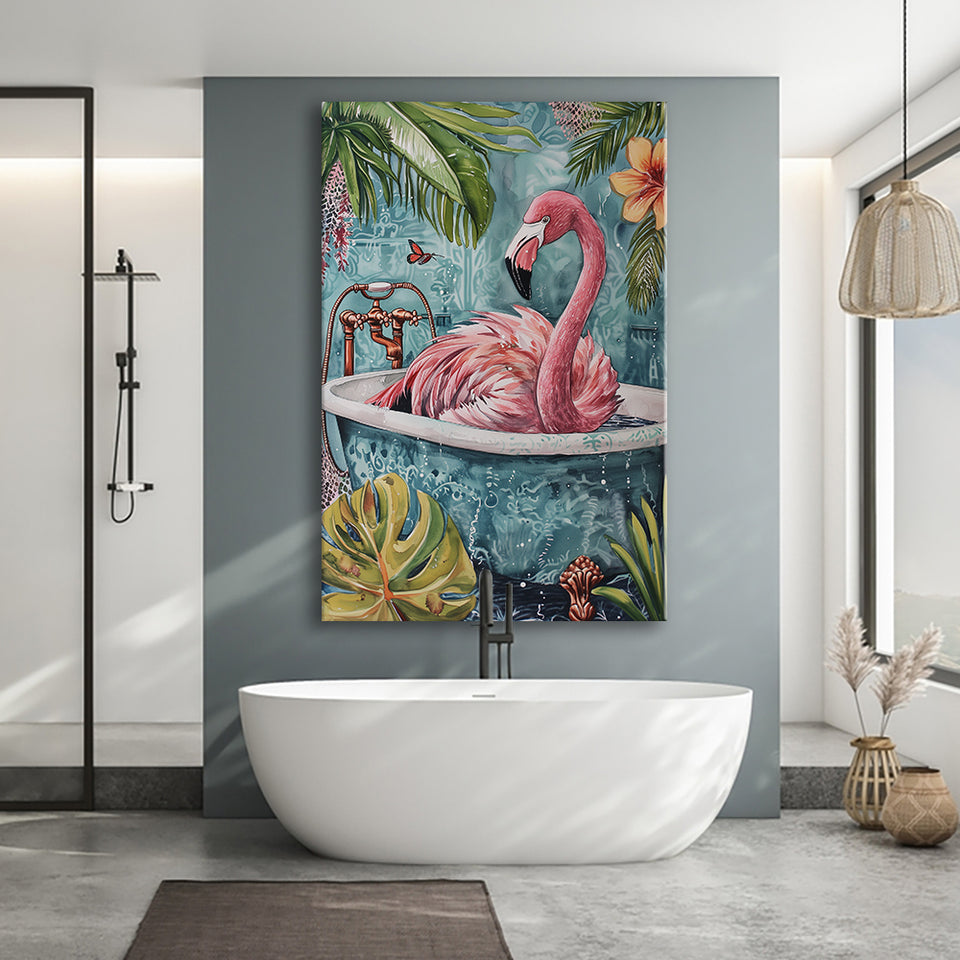Pink Flamingo In Bathtub Boho Bathroom Decor Print Pink Flaming Canvas Prints Wall Art, Bathroom Art Decor,