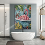 Pink Flamingo In Bathtub Boho Bathroom Decor Print Pink Flaming Canvas Prints Wall Art, Bathroom Art Decor,