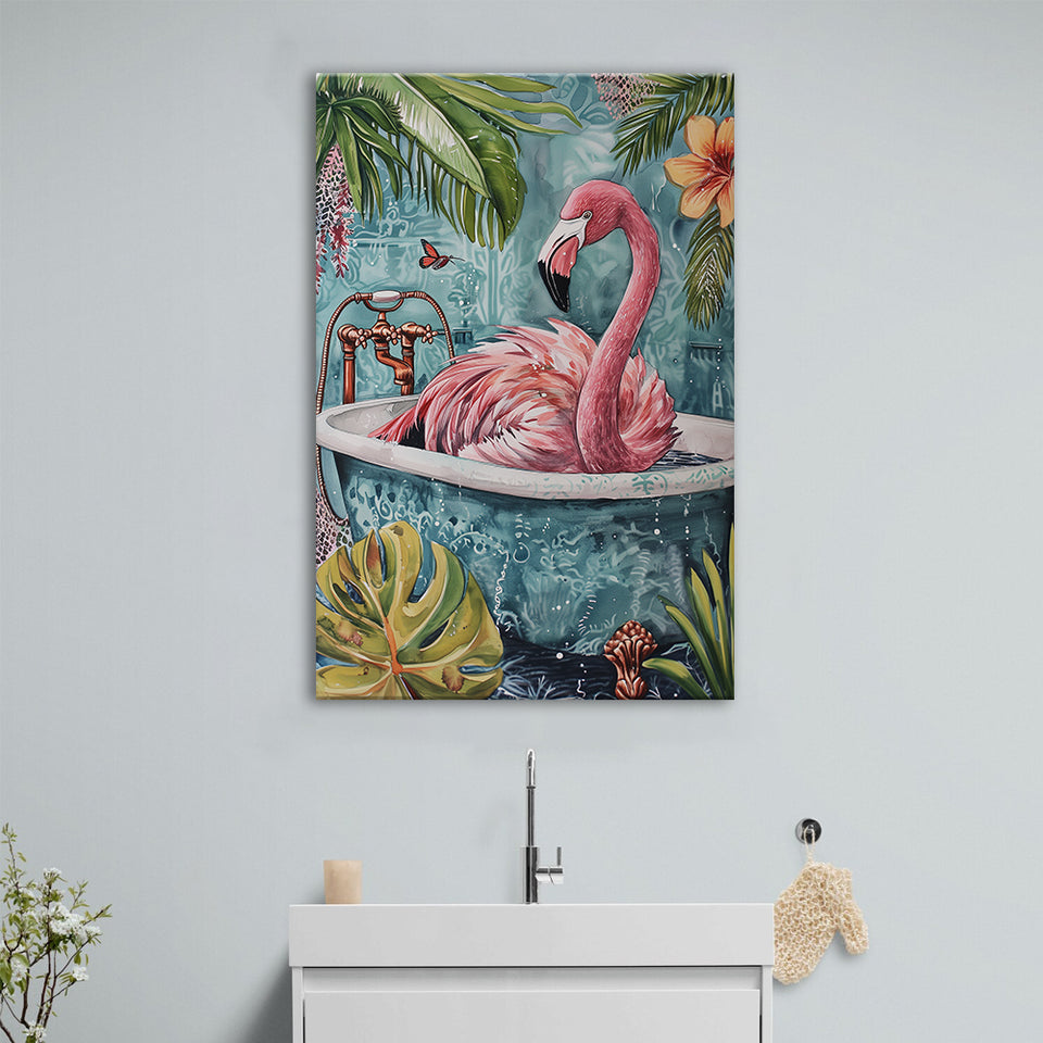Pink Flamingo In Bathtub Boho Bathroom Decor Print Pink Flaming Canvas Prints Wall Art, Bathroom Art Decor,