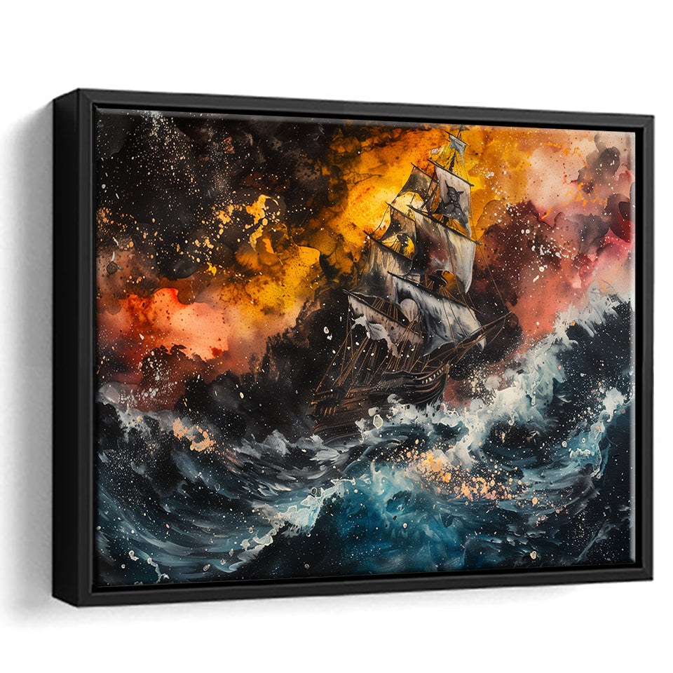 Pirate Ship In The Sea With Storm Oil Painting, Framed Canvas Print Wall Art Decor,Floating Frame