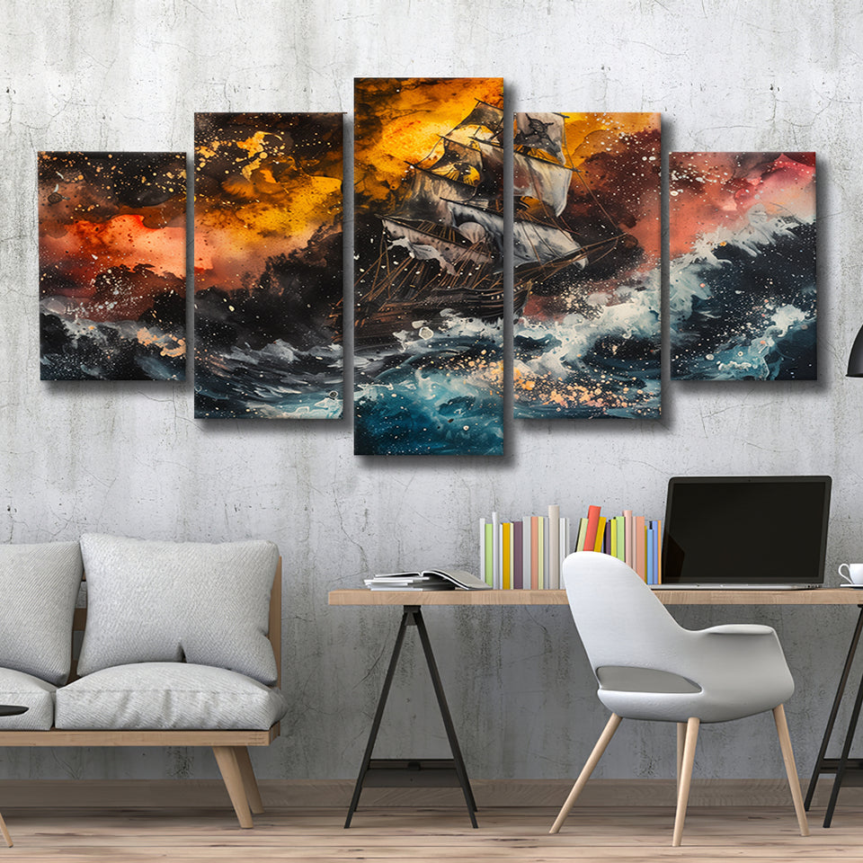 Pirate Ship In The Sea With Storm Oil Painting, Multi Panel Canvas Print Wall Art Decor, 5 Mixed Panel