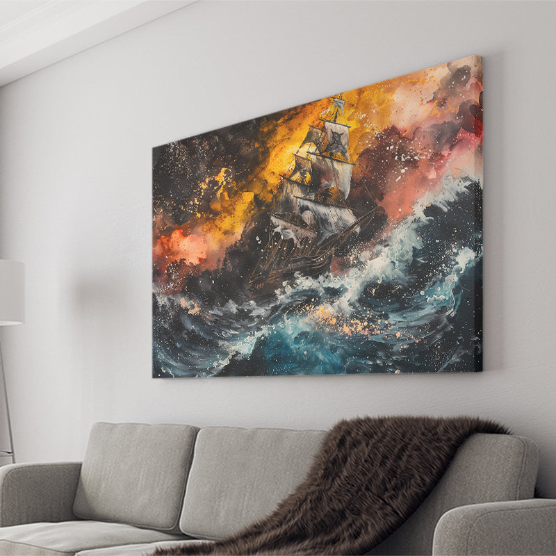 Pirate Ship In The Sea With Storm Oil Painting, Canvas Print Wall Art Decor, Landscape Art Print