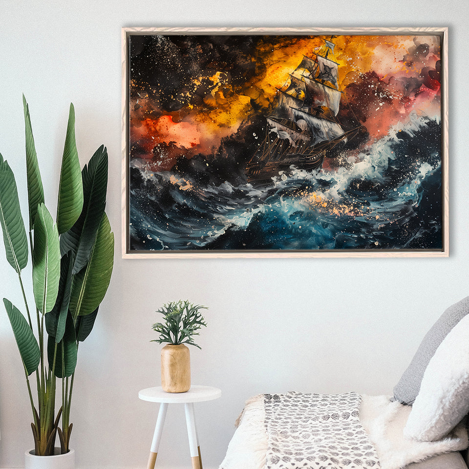 Pirate Ship In The Sea With Storm Oil Painting, Framed Canvas Print Wall Art Decor,Floating Frame