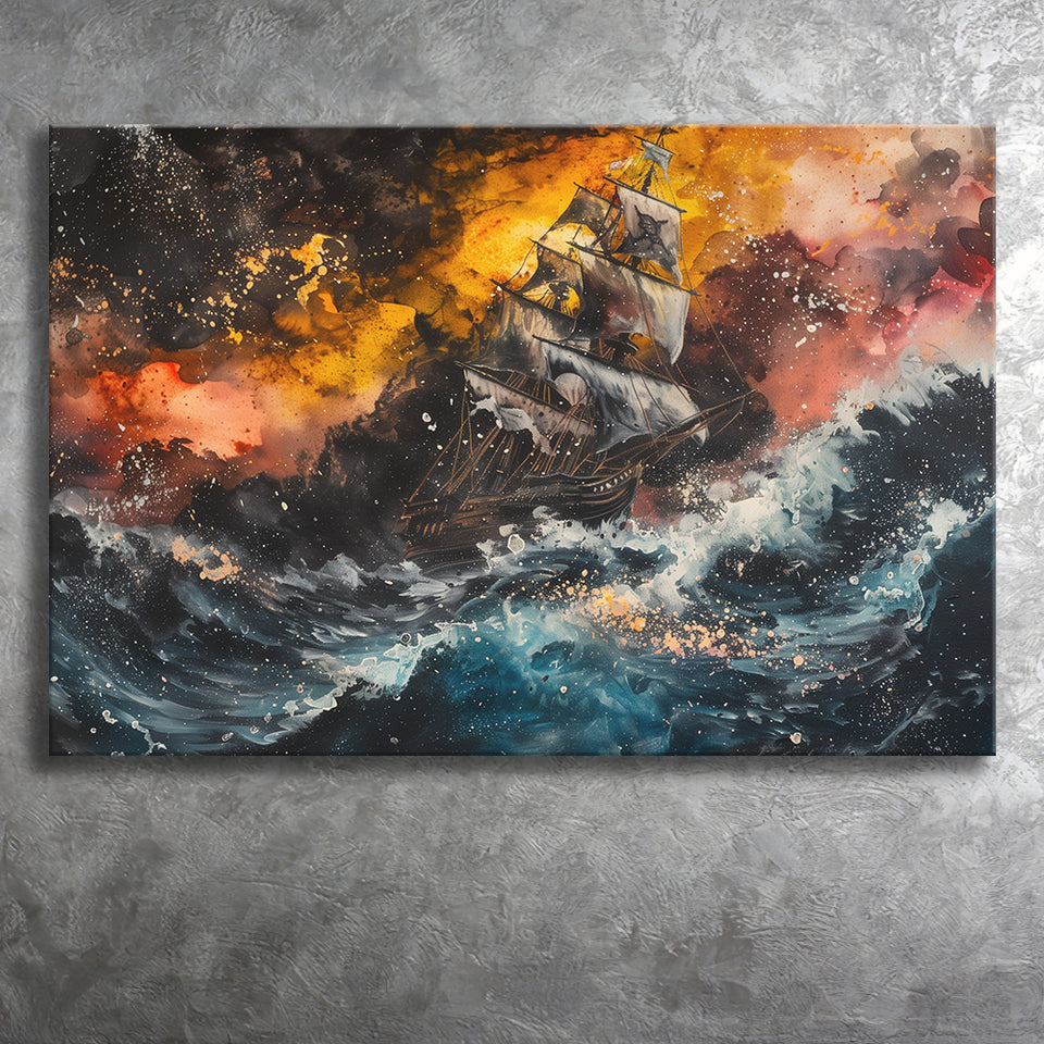 Pirate Ship In The Sea With Storm Oil Painting, Canvas Print Wall Art Decor, Landscape Art Print