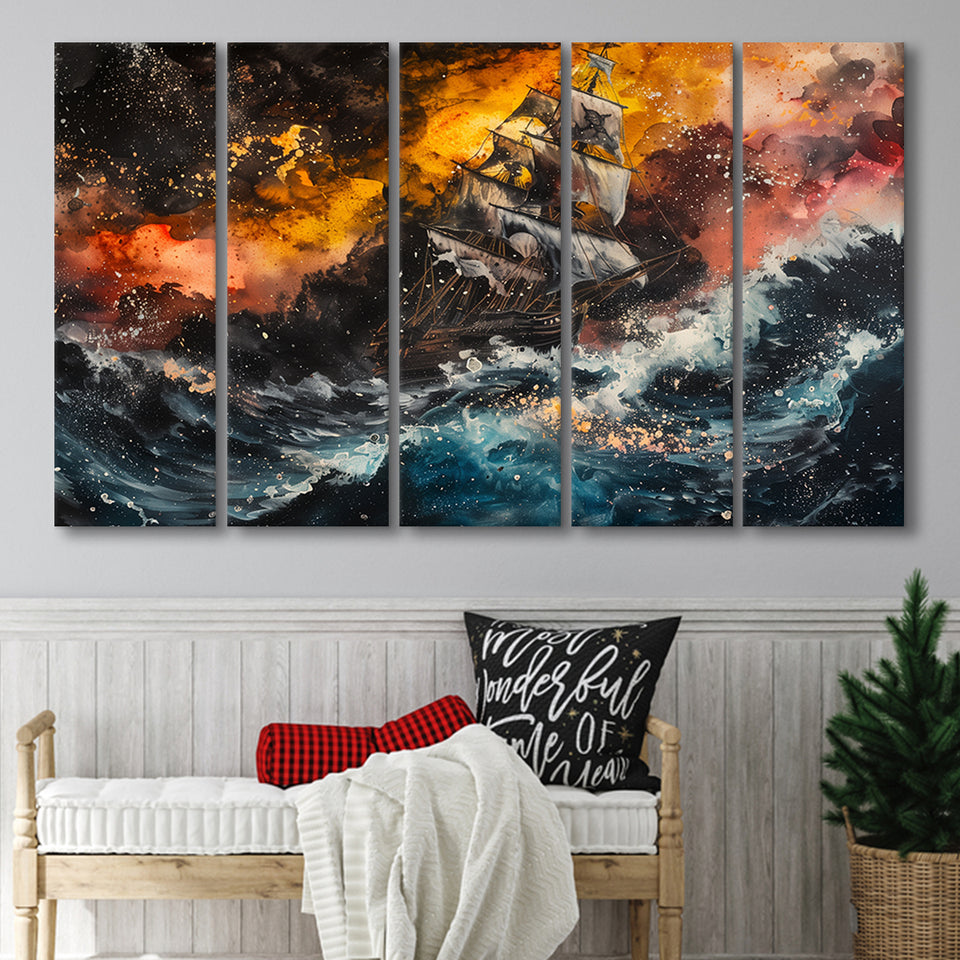 Pirate Ship In The Sea With Storm Oil Painting, Extra Large Multi 5 Panel Canvas Print Wall Art Decor
