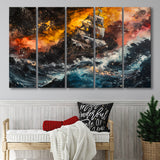 Pirate Ship In The Sea With Storm Oil Painting, Extra Large Multi 5 Panel Canvas Print Wall Art Decor