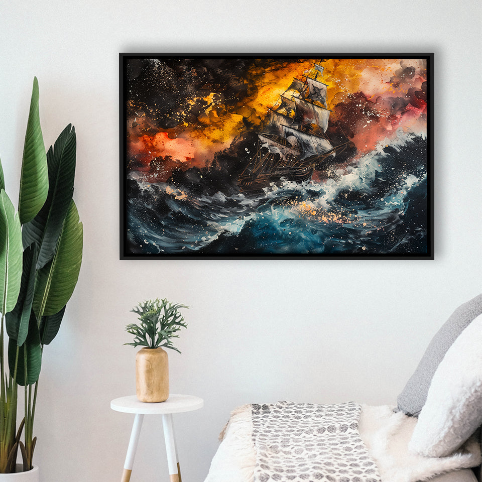 Pirate Ship In The Sea With Storm Oil Painting, Framed Canvas Print Wall Art Decor,Floating Frame