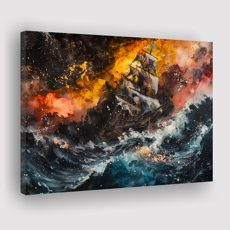 Pirate Ship In The Sea With Storm Oil Painting, Canvas Print Wall Art Decor, Landscape Art Print