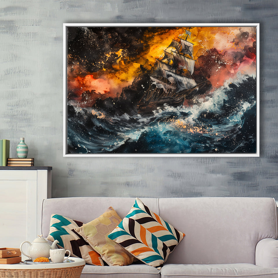 Pirate Ship In The Sea With Storm Oil Painting, Framed Canvas Print Wall Art Decor,Floating Frame