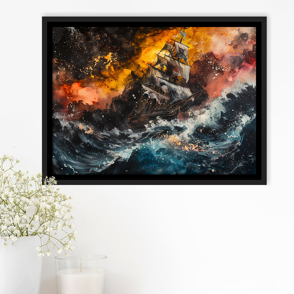 Pirate Ship In The Sea With Storm Oil Painting, Framed Canvas Print Wall Art Decor,Floating Frame