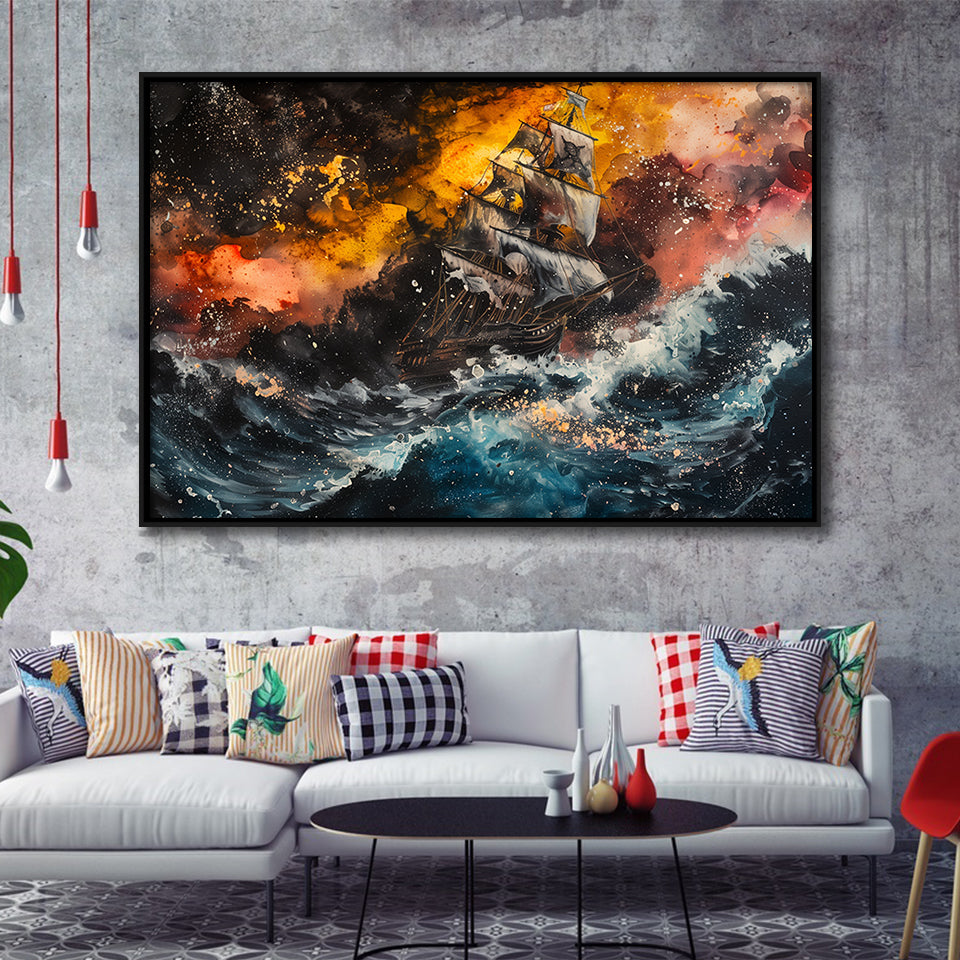 Pirate Ship In The Sea With Storm Oil Painting, Framed Canvas Print Wall Art Decor,Floating Frame