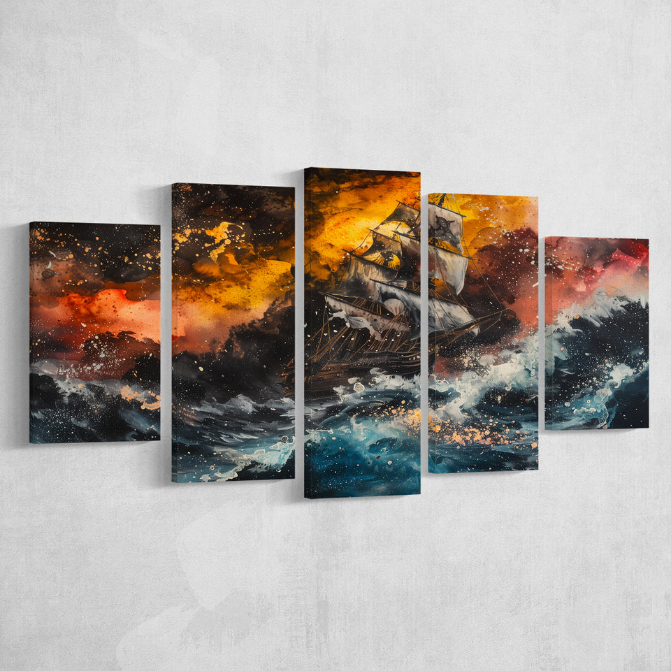 Pirate Ship In The Sea With Storm Oil Painting, Multi Panel Canvas Print Wall Art Decor, 5 Mixed Panel