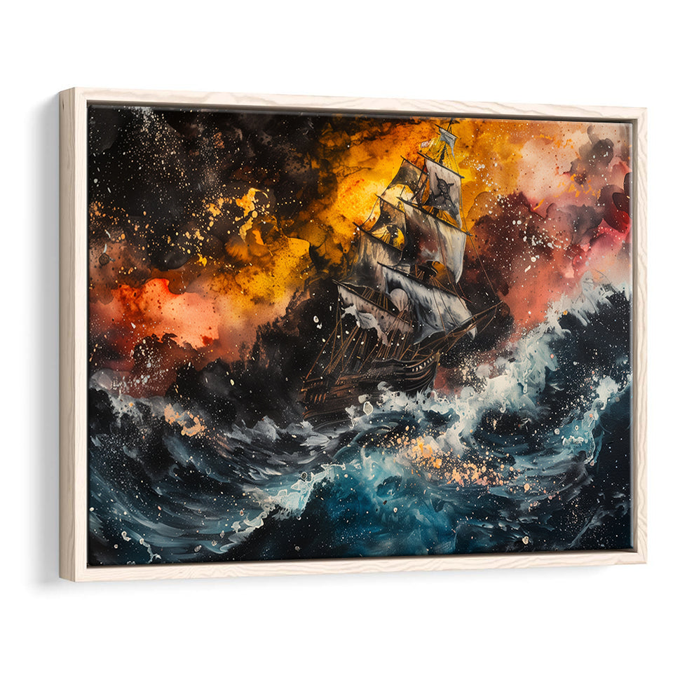 Pirate Ship In The Sea With Storm Oil Painting, Framed Canvas Print Wall Art Decor,Floating Frame