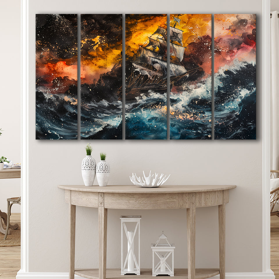 Pirate Ship In The Sea With Storm Oil Painting, Extra Large Multi 5 Panel Canvas Print Wall Art Decor
