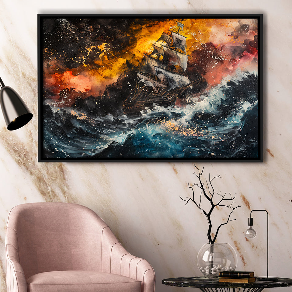 Pirate Ship In The Sea With Storm Oil Painting, Framed Canvas Print Wall Art Decor,Floating Frame