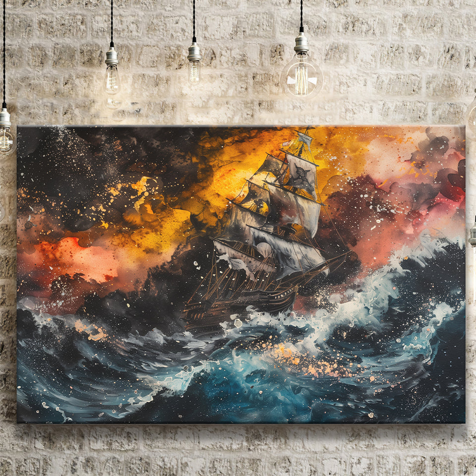 Pirate Ship In The Sea With Storm Oil Painting, Canvas Print Wall Art Decor, Landscape Art Print
